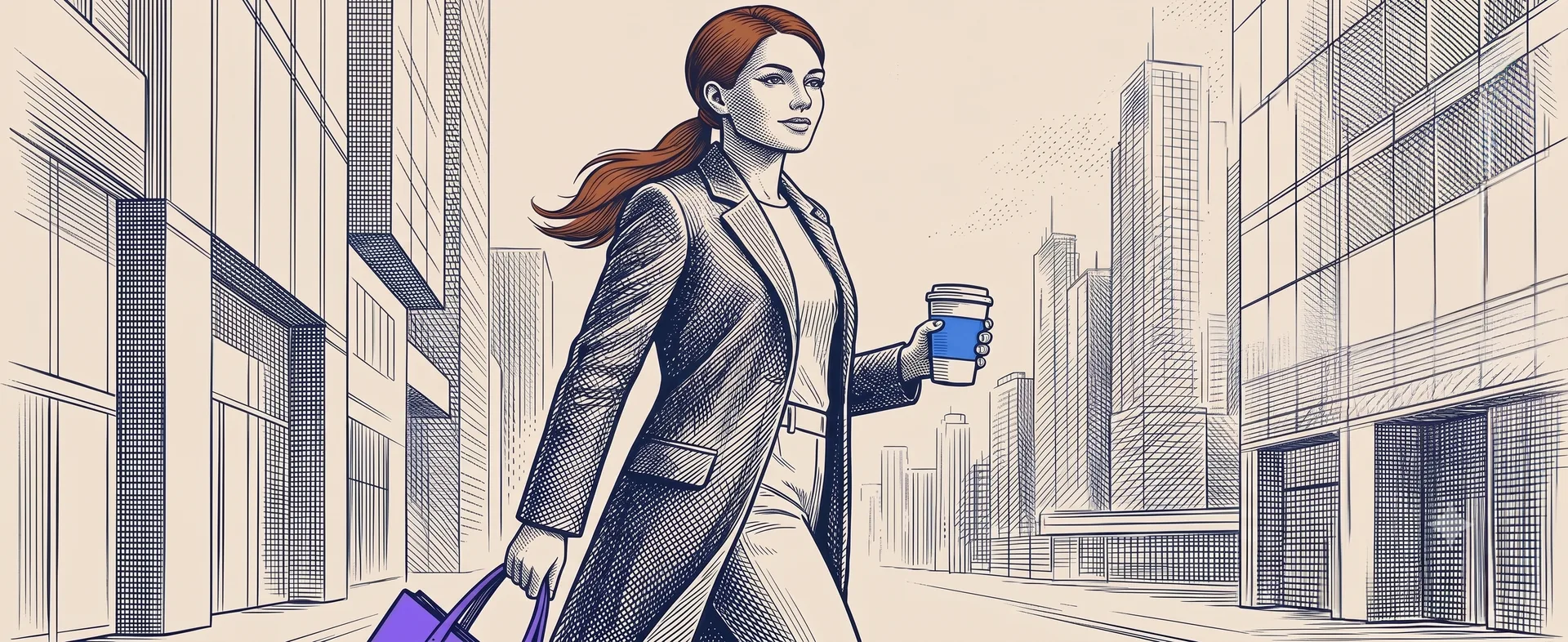 Engraving of Olivia Atkin walking through the city with a coffee