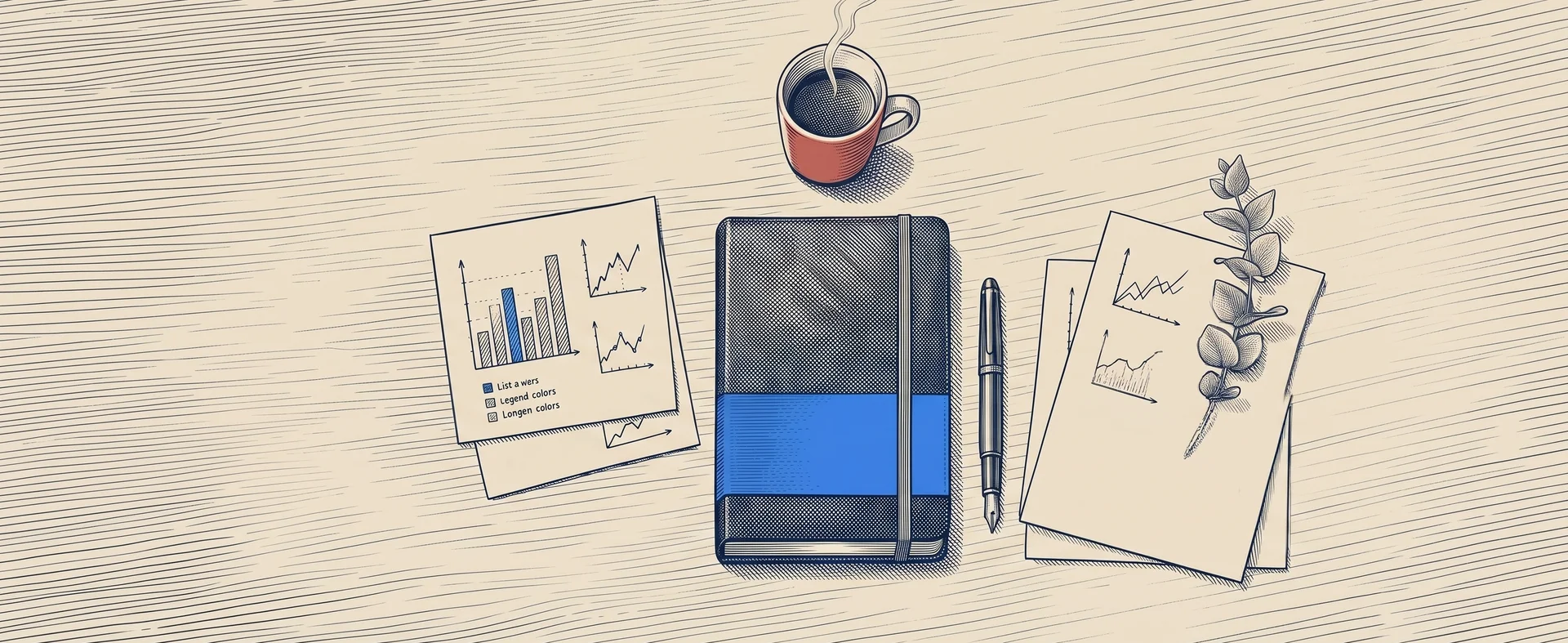 Engraved flat-lay of a notebook, coffee, pen, and charts on a desk