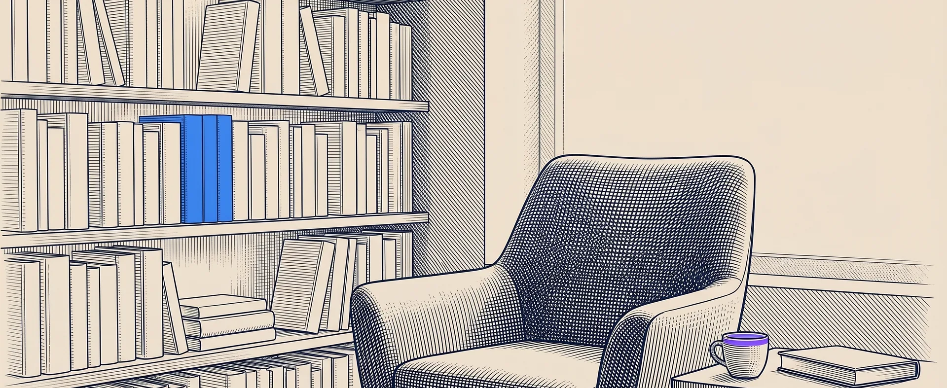 Engraving of a reading nook with a tall bookshelf and armchair
