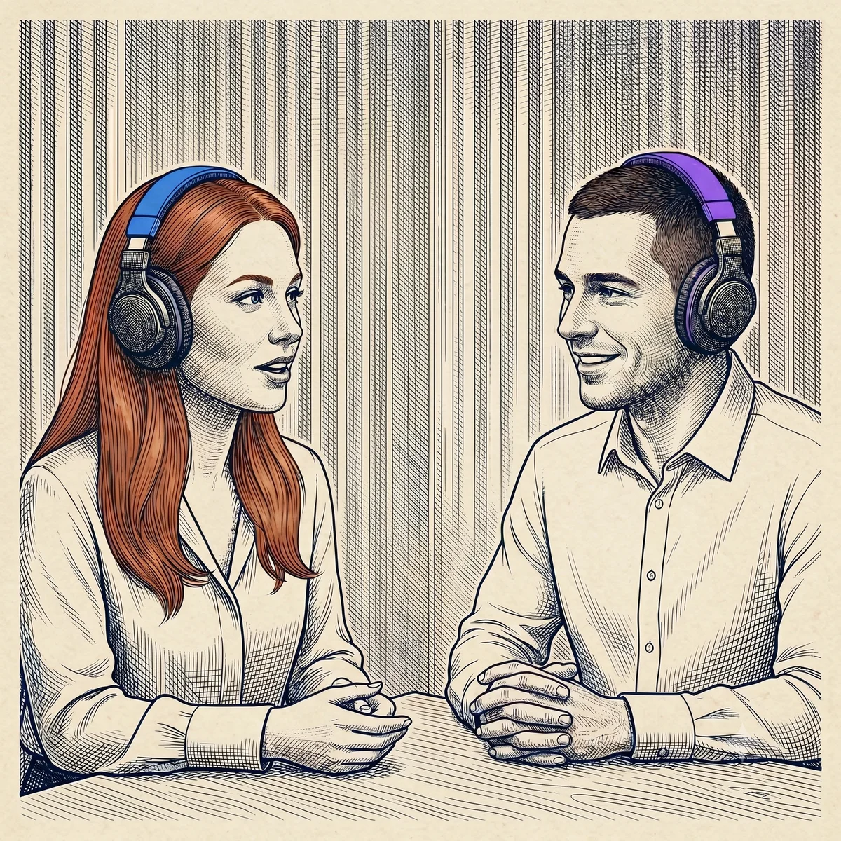 Olivia Atkin and a podcast guest in headphones at the mics