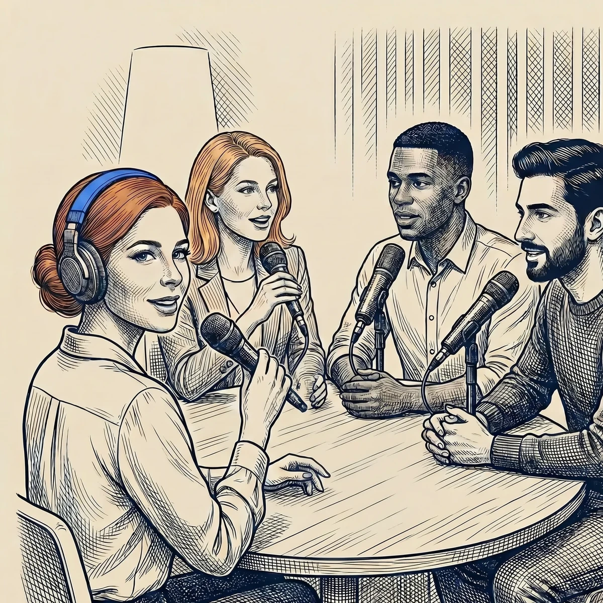 Olivia Atkin hosting a podcast roundtable with guests at the table