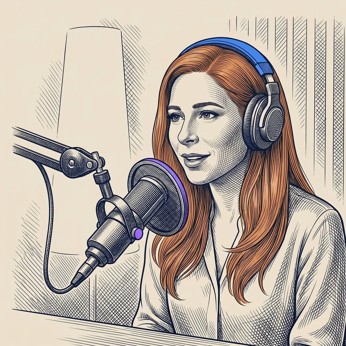 Engraving of Olivia Atkin recording her podcast at the microphone